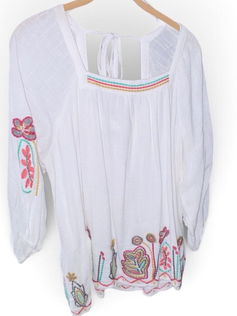 White Embroidered Peasant Tunic with Pink and Green Trim